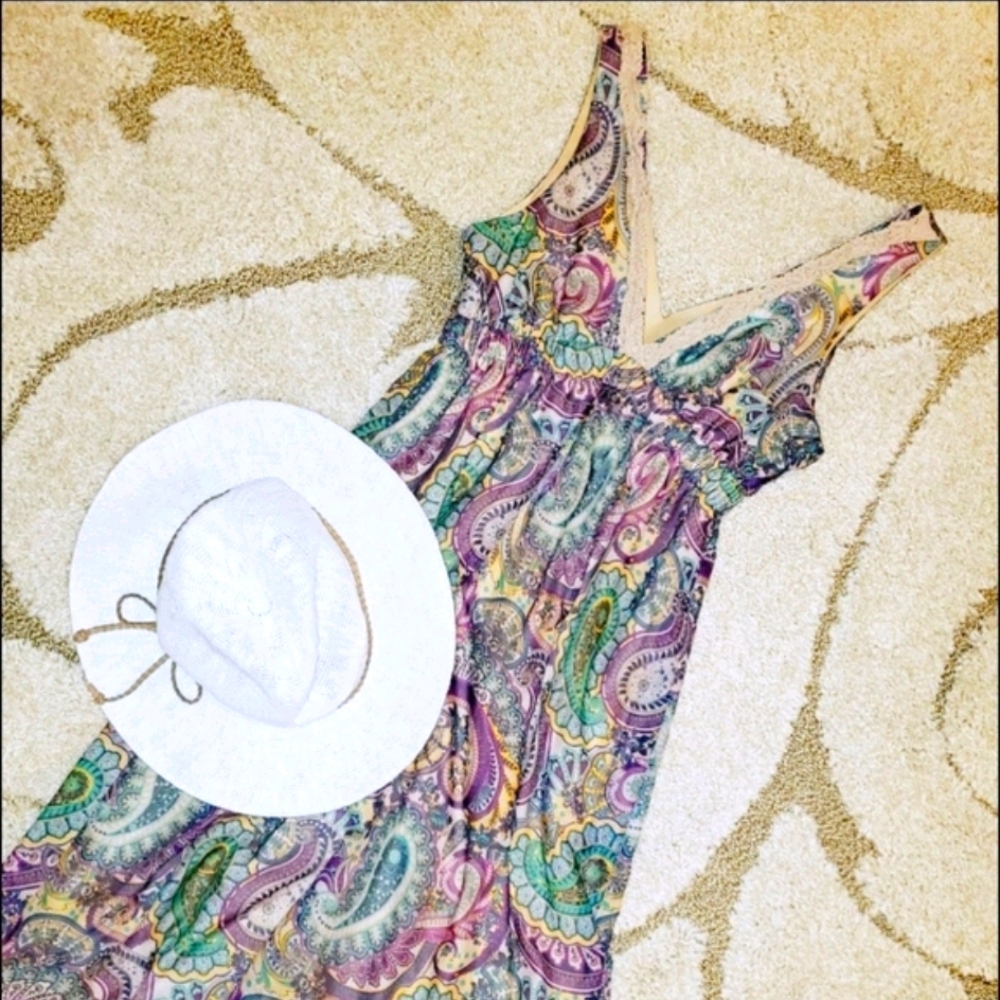 🔮 Patterned Boho Violet/Green Maxi Dress